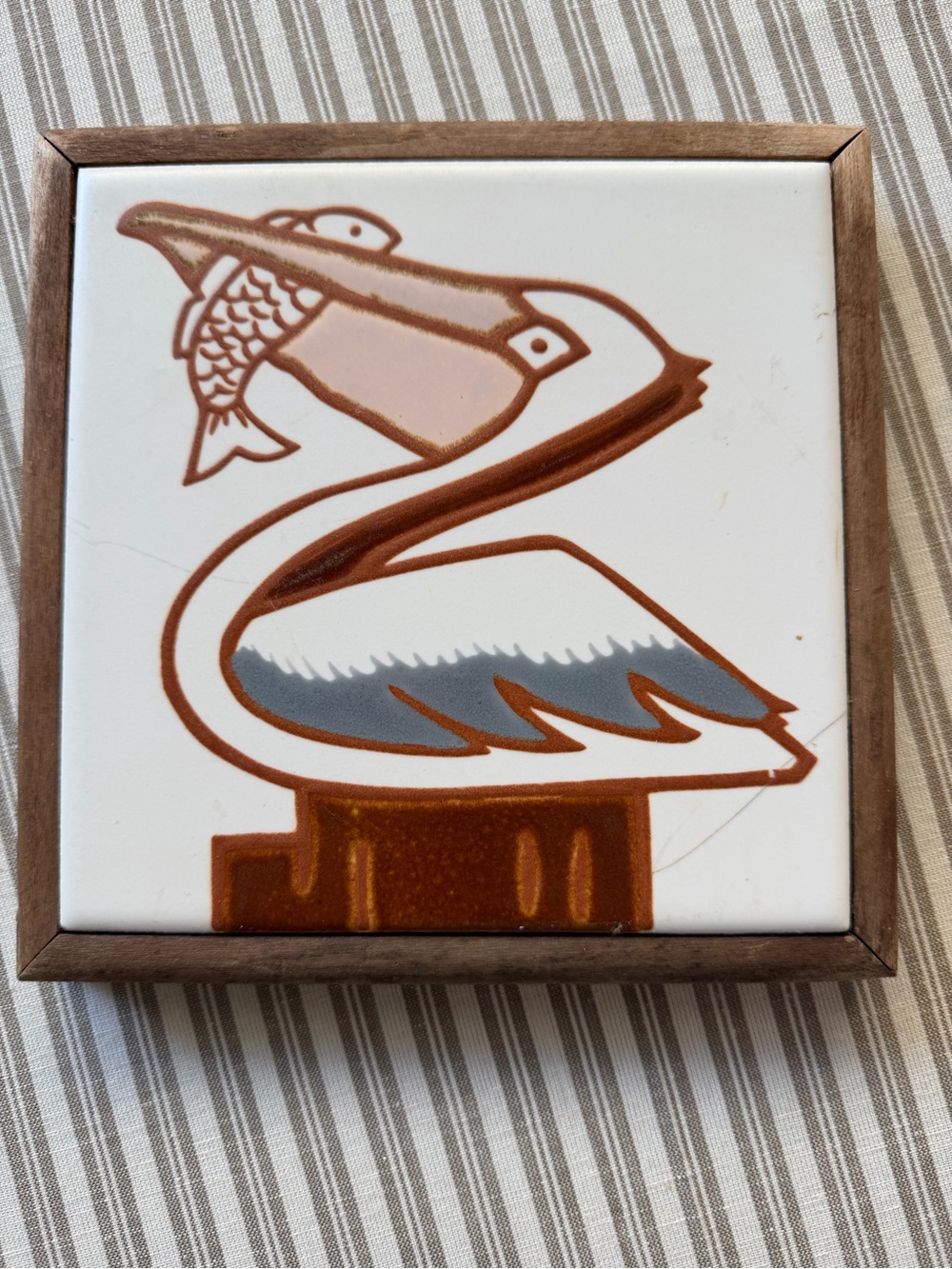 Vintage antique Brown and White Pelican Ceramic Wall Tile Art